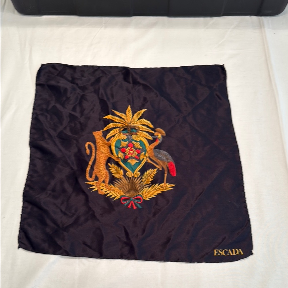 Escada Black Silk Scarf with Embroidered Design